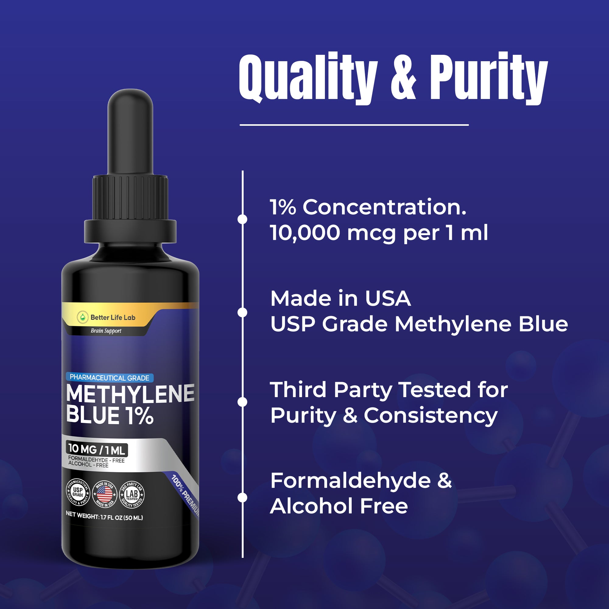 Methylene Blue Pharmaceutical Grade 99.99% with Dropper, Health Dietary Supplement for Humans, No Formaldehyde, Made in USA (1% 50ml Bottle) - 4 Bottles