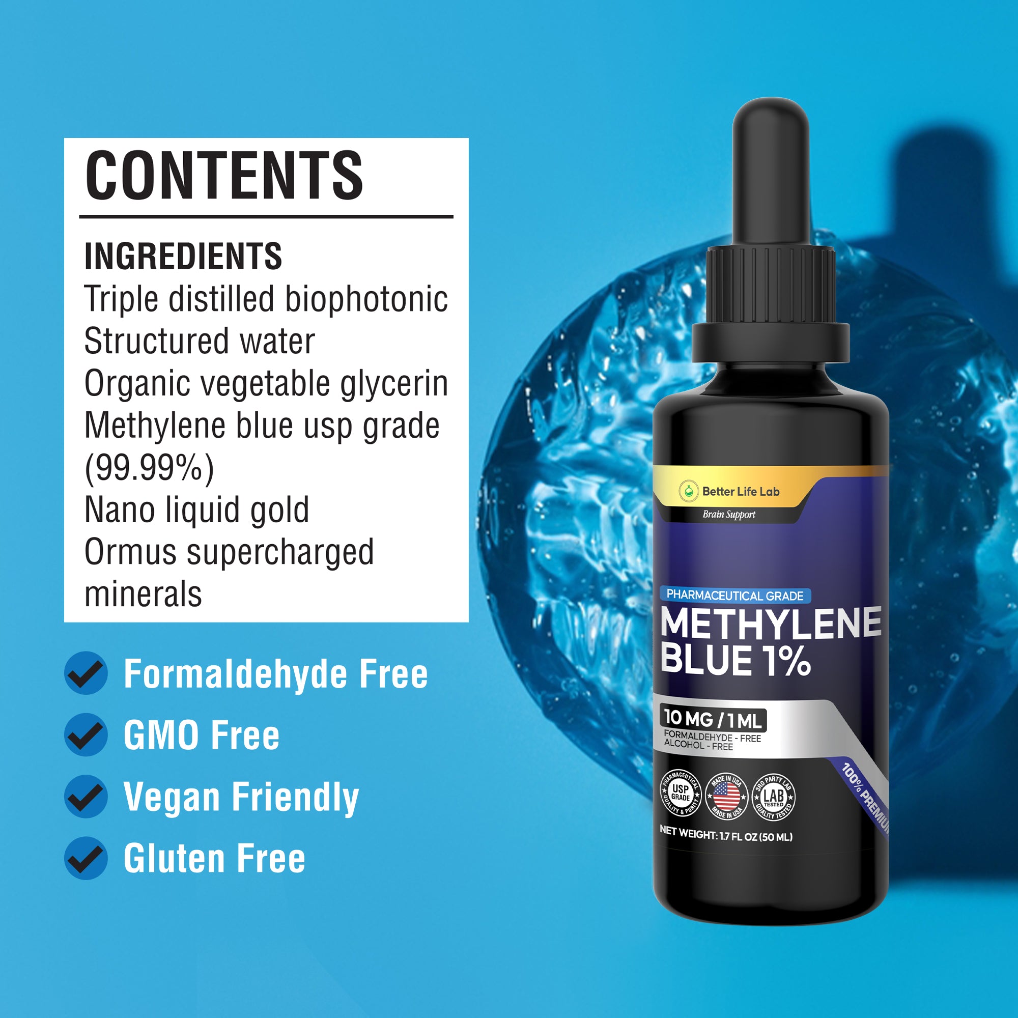 Methylene Blue Pharmaceutical Grade 99.99% with Dropper, Health Dietary Supplement for Humans, No Formaldehyde, Made in USA (1% 50ml Bottle) - 4 Bottles